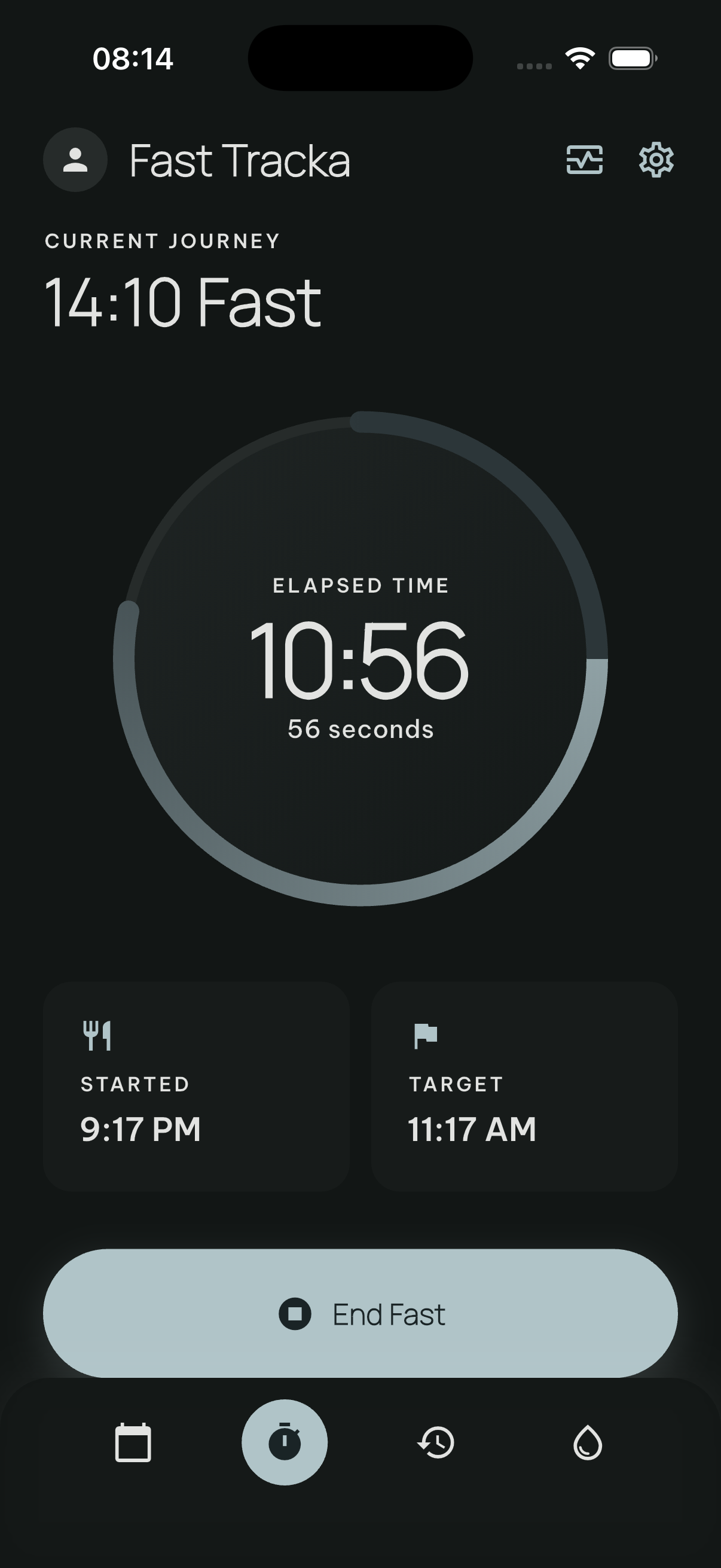 Fast Tracka fasting timer showing active countdown